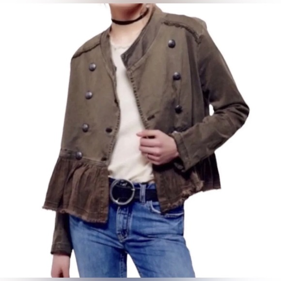 FREE PEOPLE Womens Olive Green Military Ruffle Hem Jacket Size XS - Picture 4 of 13